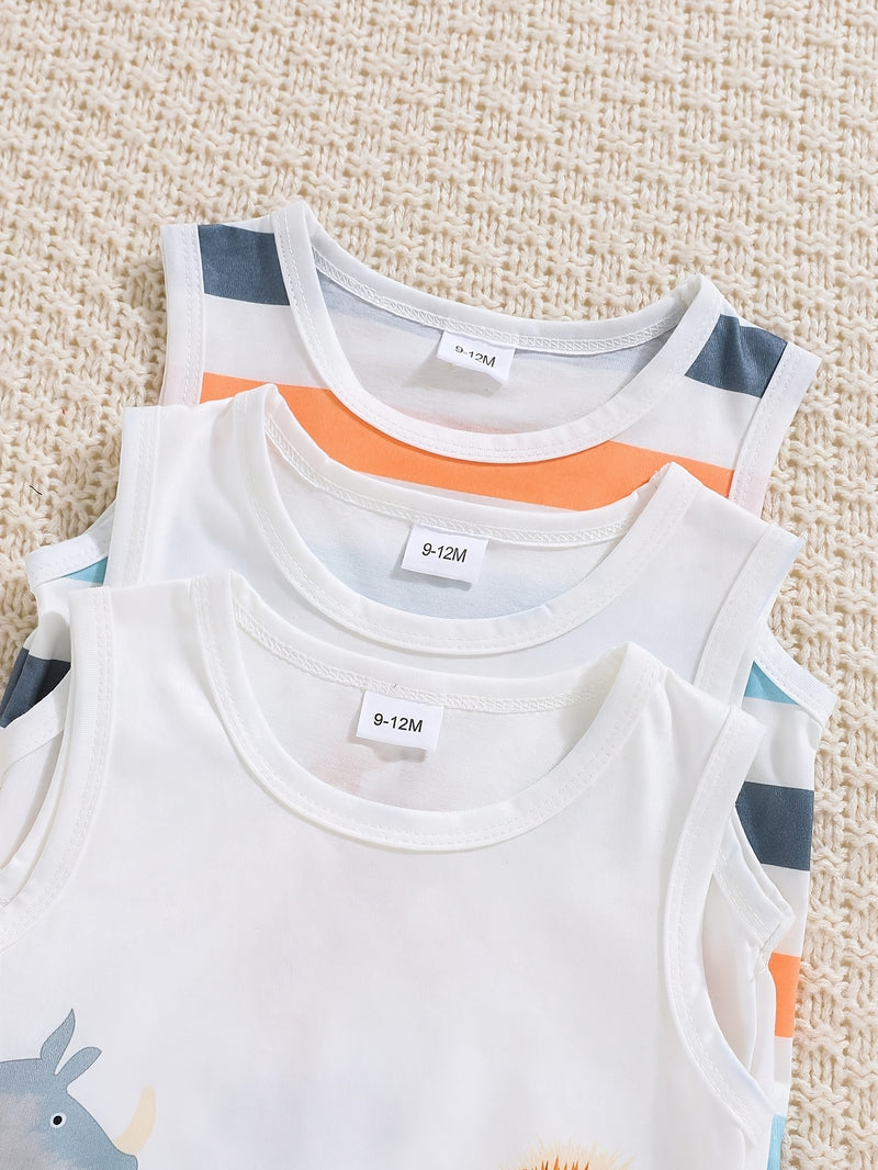 3pcs Set of Boys Spring Cute Animal Print Tank Tops.