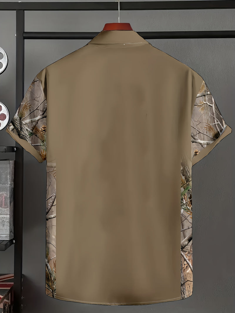 Men’s Brown Camouflage Short-Sleeve Shirt with Deer Head Embroidery.