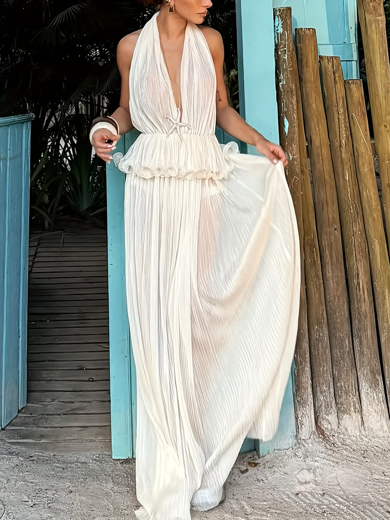 Elegant Off-Shoulder Deep V Backless Gown with Sheer Mesh Overlay.