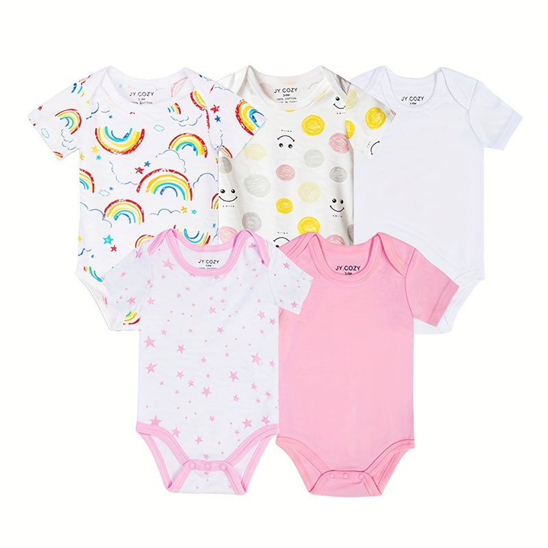 5pcs Cute Baby Girl 100% Cotton Short Sleeve Bodysuits.