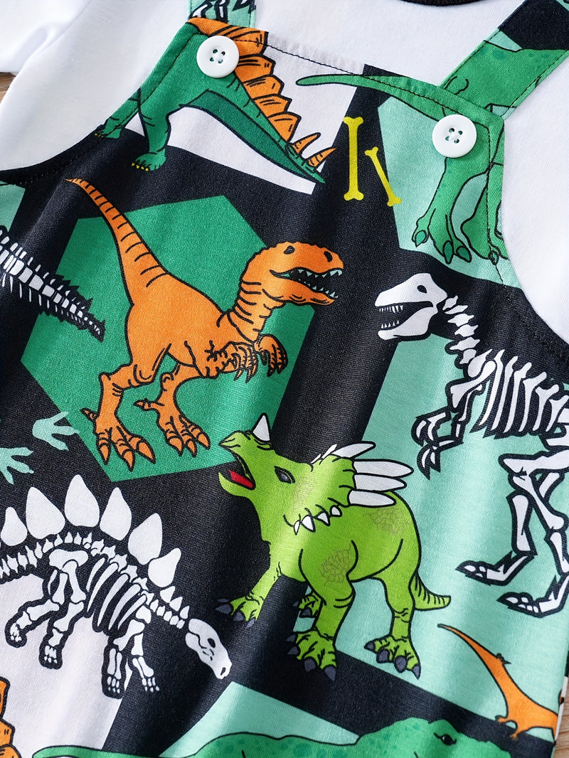 Summer Baby Romper with Cartoon Dinosaur Print And Faux Two-Piece.