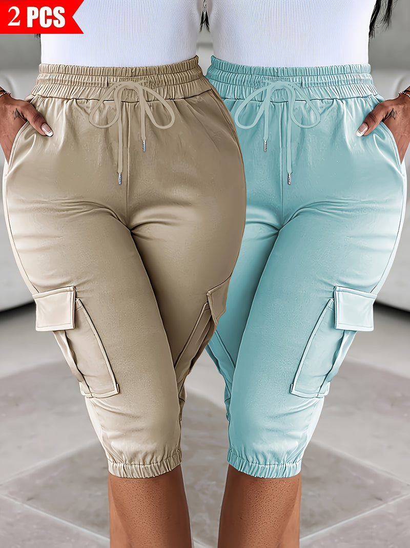 2pcs Women's Cargo Shorts Set Elastic Waist Fashionable Style.