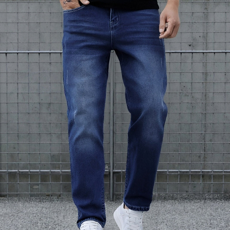 Men's Casual Washed Denim Jeans, Straight-leg pants.