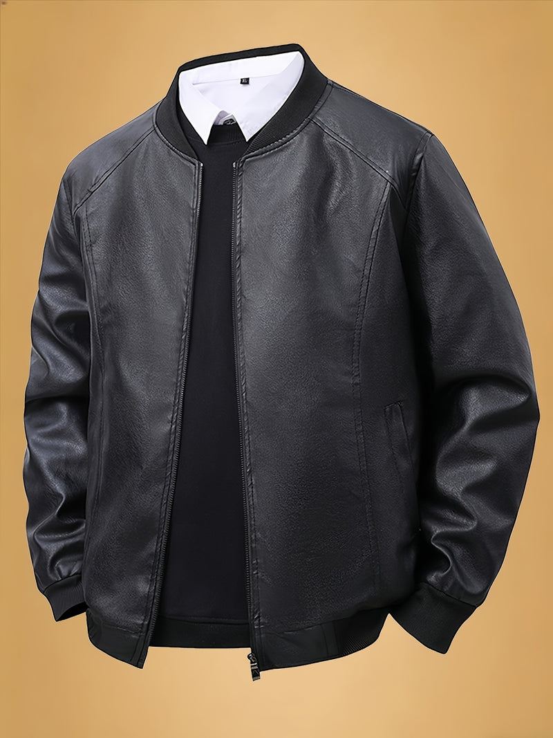 Men'S Fashionable Windproof Black Faux Leather Jacket | Zipper Closure.