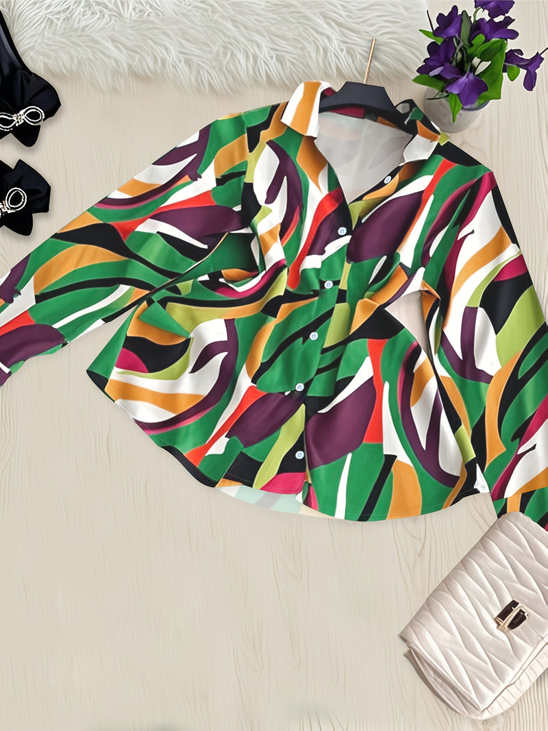 Women’s Two-Piece Set Featuring a Geometric Print Shirt And Solid Color Trousers.