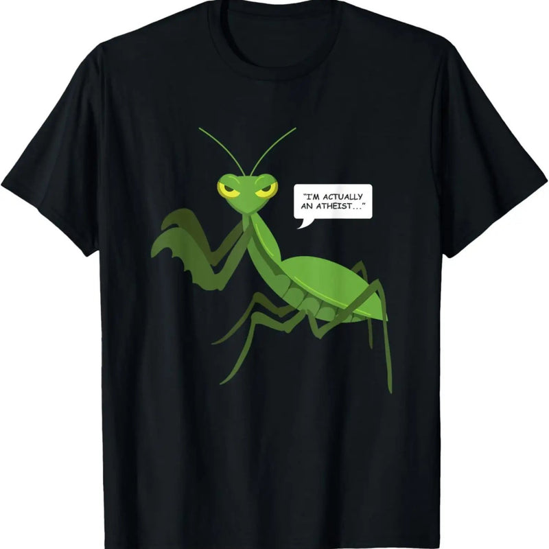Men’s Funny Atheist Shirt - Black with Green Praying Mantis.