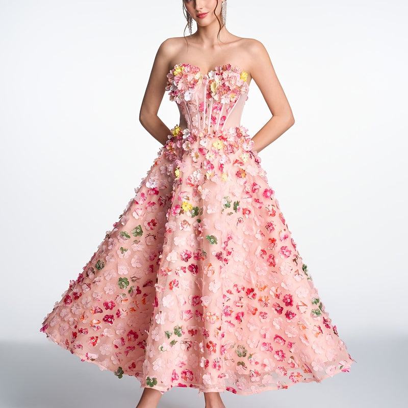 Women's Strapless 3D Floral Embellished Pink Tulle A-Line Midi Gown.