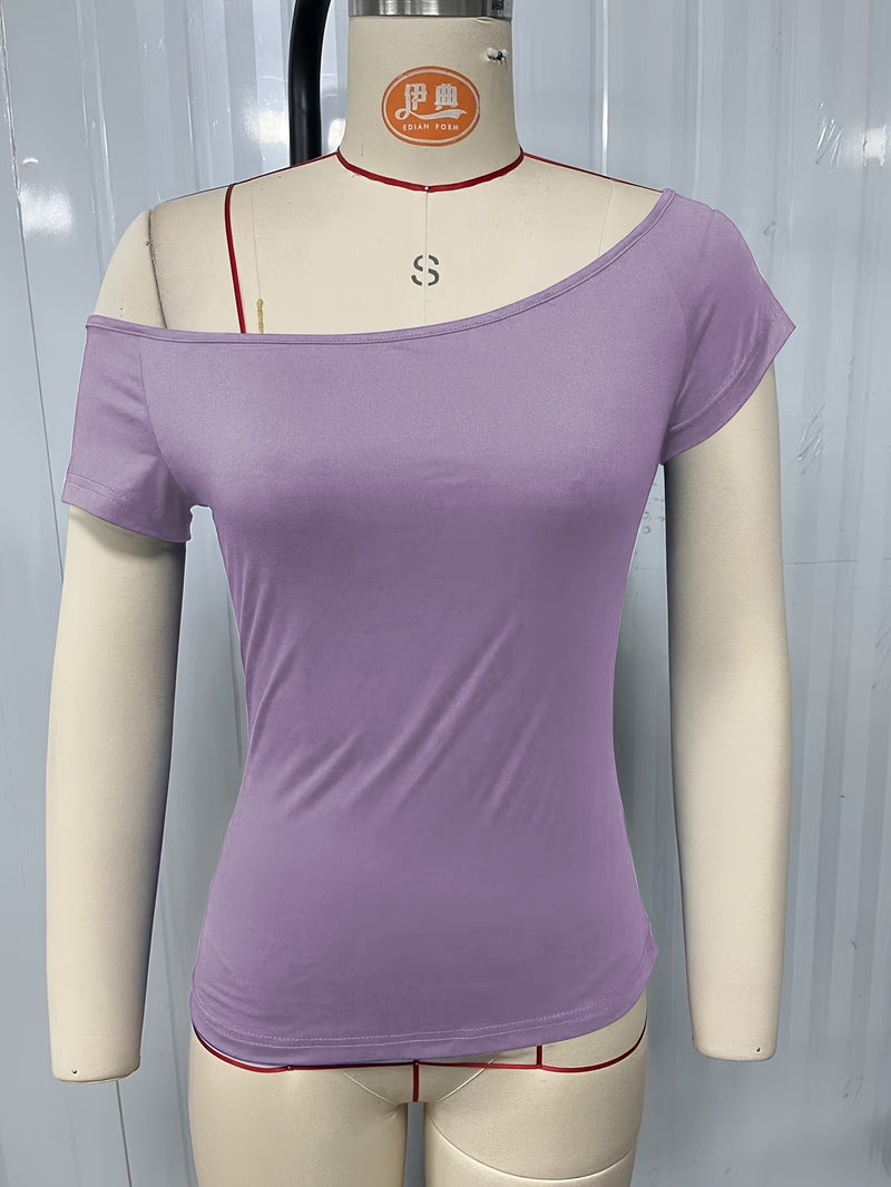 Women's Summer Casual Asymmetrical Off-Shoulder Solid Color T-Shirt.
