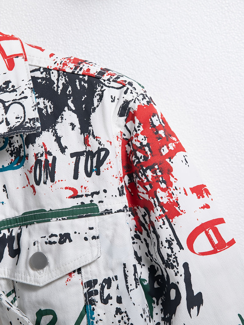 Men's Streetwear Faux Denim Jacket with Random Graffiti Print.