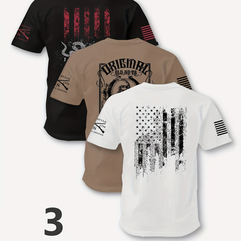 3pcs Men's Short-sleeve Pattern Print Crew Neck T-shirt.