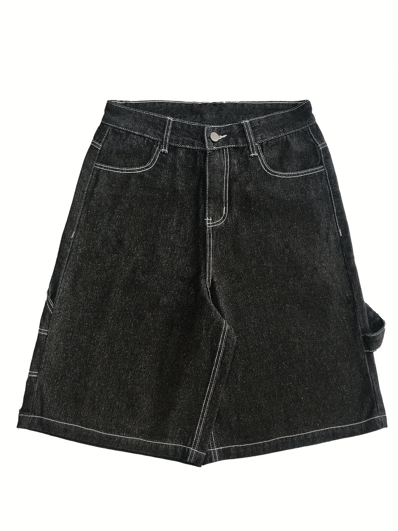 Men's American Embroidery Loose Fit Knee-Length Denim Shorts - Streetwear Style.