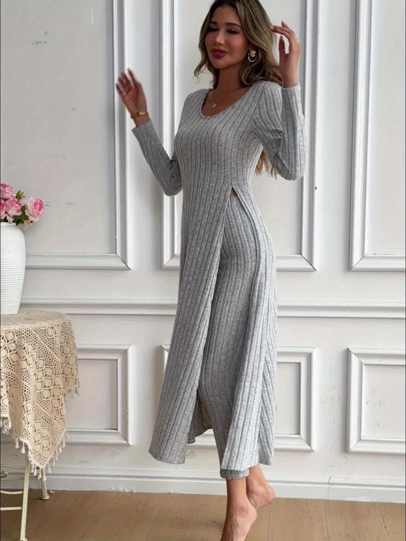 2pcs Women's Designer Round Neck Split Long Sleeve Top and Pants.