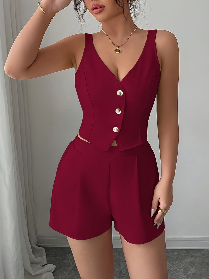 Women's Casual Commuter Simple Solid Color Front Button Vest + Shorts 2pcs.
