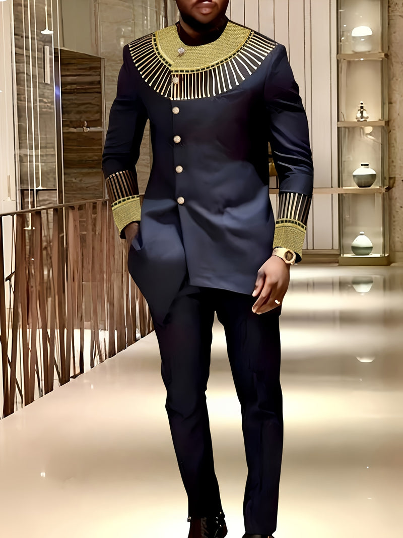 Men's Elegant 2pcs Shirt Set, Embroidered, Round Neck.