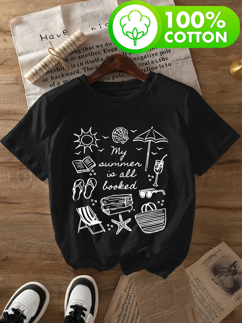 Women's Casual T-Shirt - Beach & Book Lovers Graphic Print.