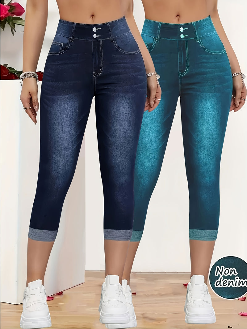 New Two-Piece Set, Faux Denim Women's Slim-Fit Leggings.