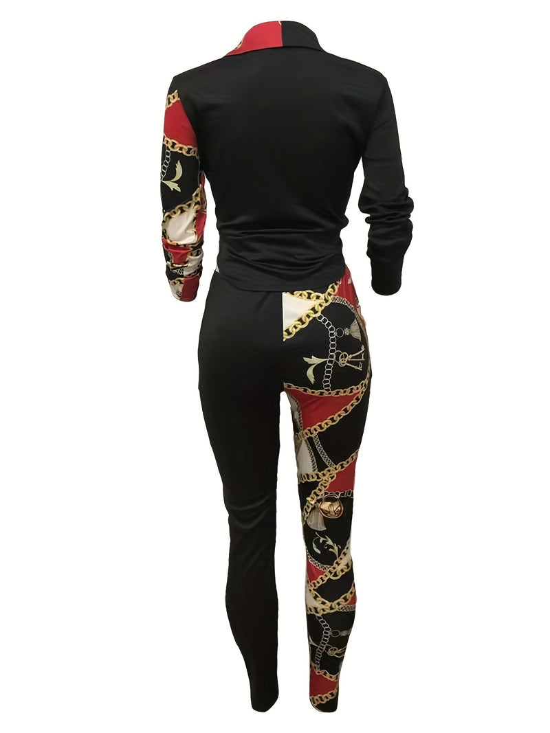 Women's Casual Color-Block Printed Long-Sleeve Lapel Shirt and Trousers 2pcs.