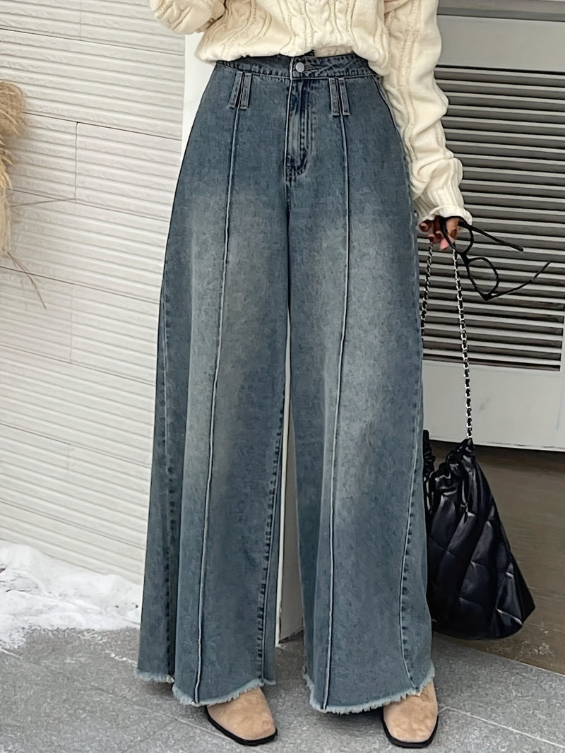 Ladies' High-Waisted Wide-Leg Loose Frayed Snowflake Denim Pants.