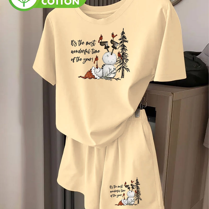 Women's Stylish Christmas Snowman Printed Short-Sleeve And Shorts Set.