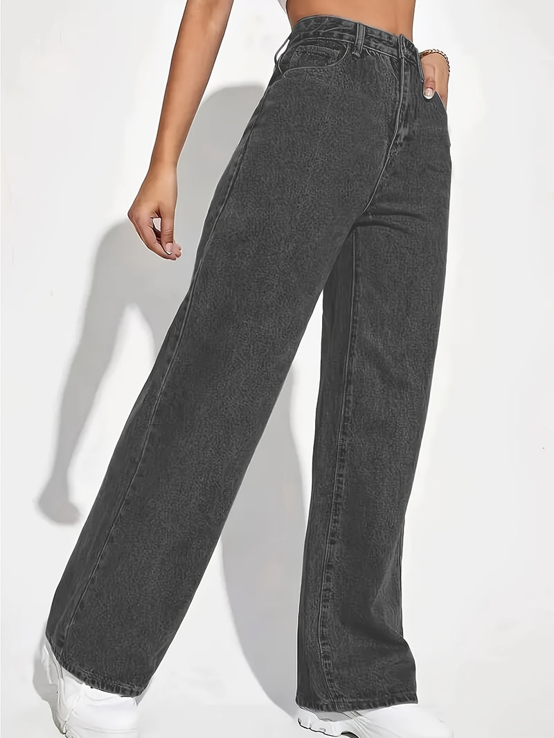 Wide Leg Jeans High Stretch, Washed Solid Color for Women.