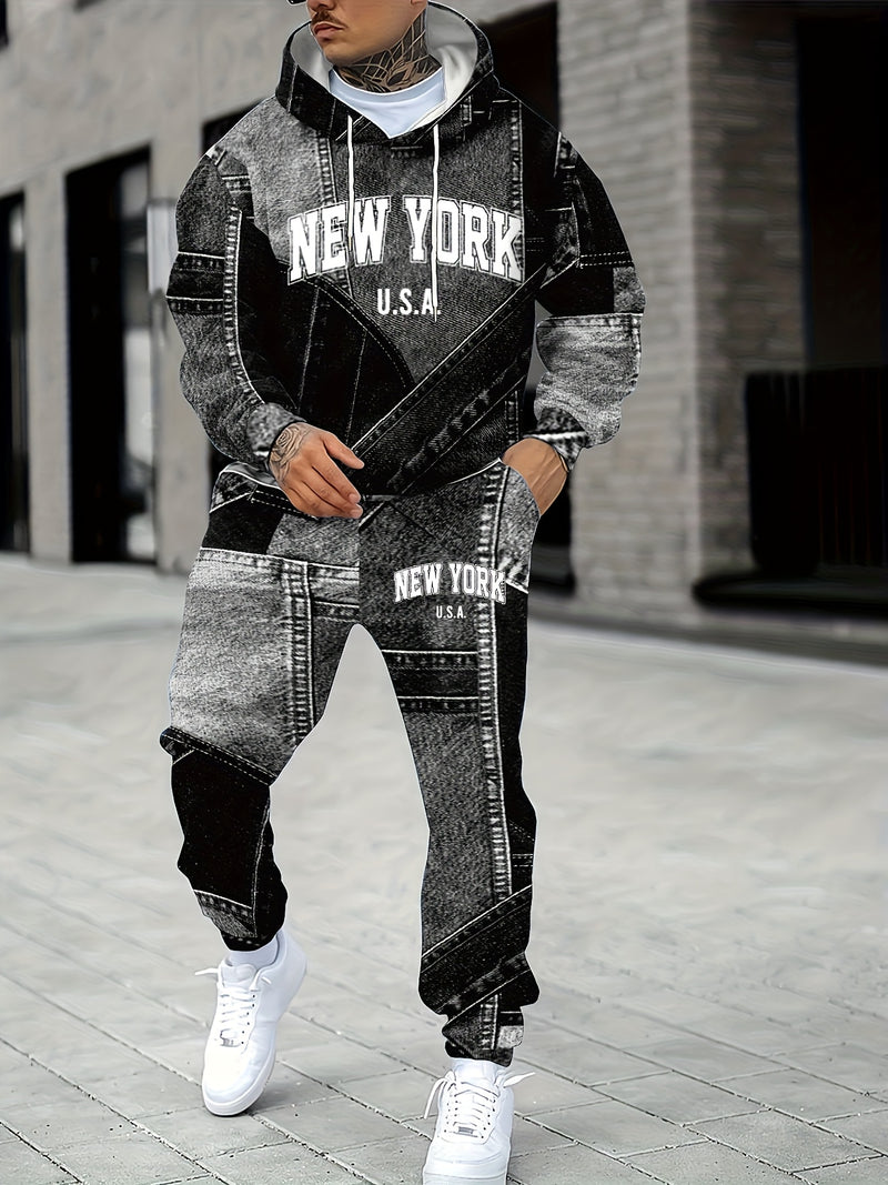Men's Autumn Lettered Faux Denim Effect Hoodie And Sweatpants Two-Piece.