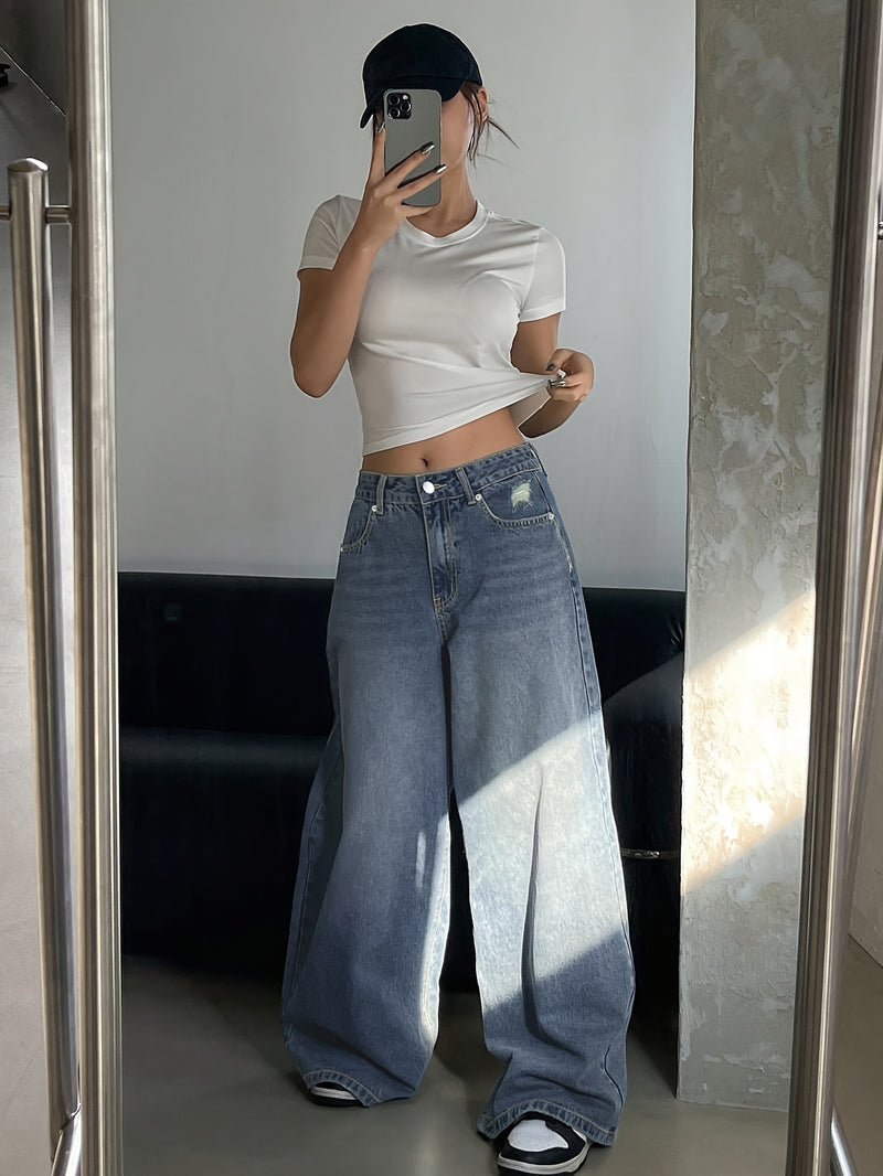 Women's New Washed Blue Wide-Leg Ultra-Long Floor-Length Ripped Loose-Fit Wide-Leg Casual Jeans.