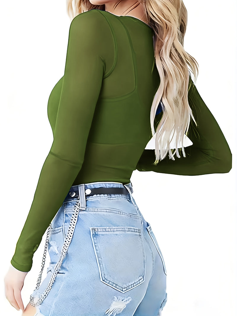 Women's Mesh Solid Color Sheer Sexy Stretchy Bodycon Thin Long-Sleeve Top.