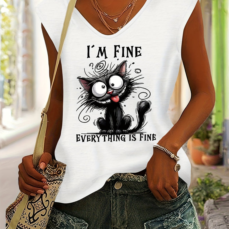 Women’s Cute Cat Print Rayon V-Neck Short Sleeve T-Shirt.