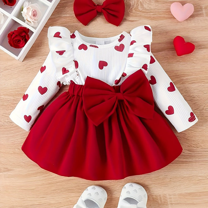 Girls' Valentine's Day Sweet Romantic Lace Bow Decorated Heart Print.
