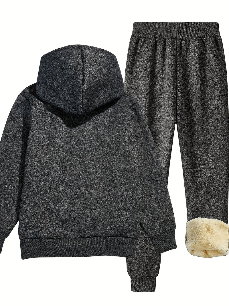 Boys Thick Plush-Lined Zip-Up Jacket + Pants Set.