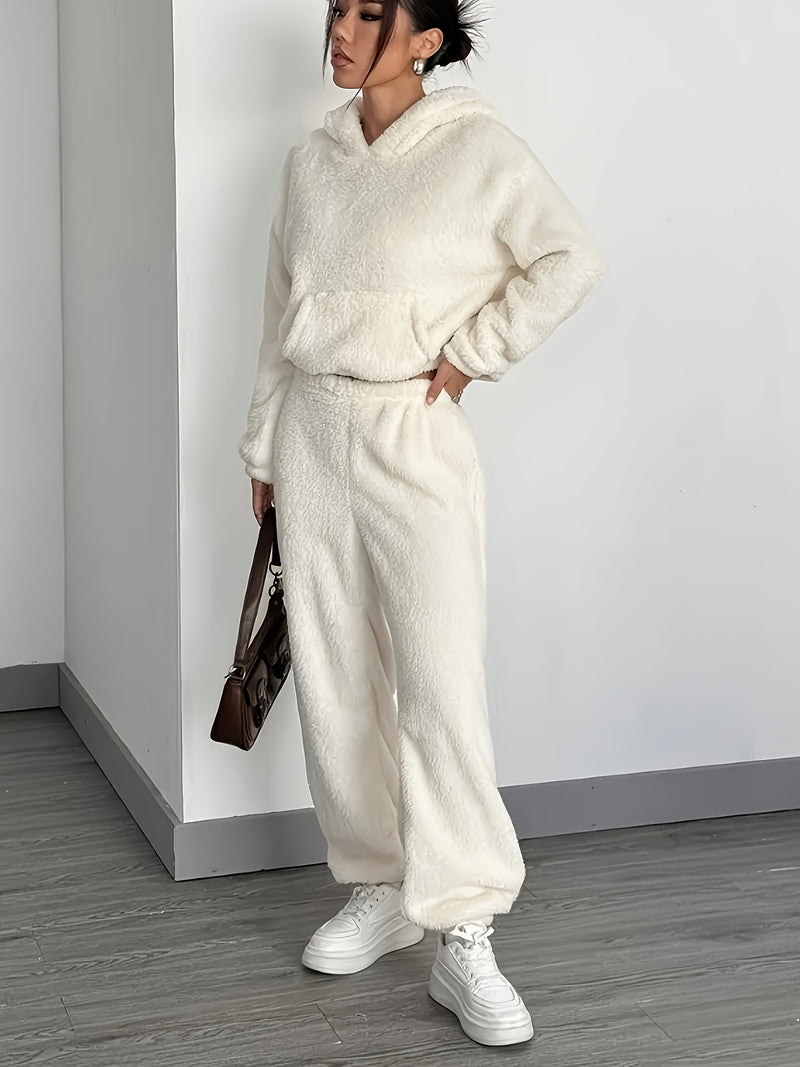 Women's Khaki Fluffy Casual Loose Double-Sided Fleece Set.