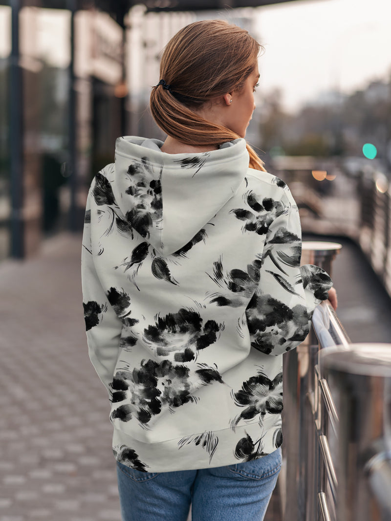 Women's Casual Hoodie with Black And White Floral Ink Wash Print .