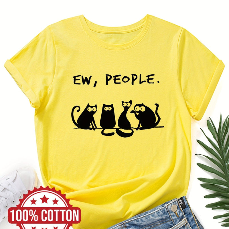 Women’s cat Print Ladies' T-shirt Casual Top for Summer & Spring.