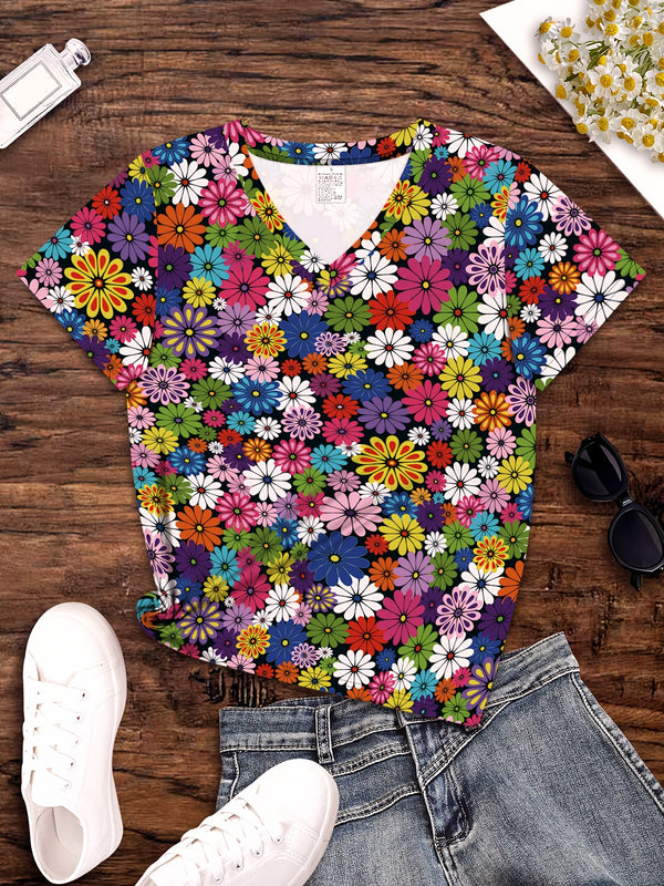 Elegant Casual Floral Print V-Neck Short Sleeve T-Shirt for Women.
