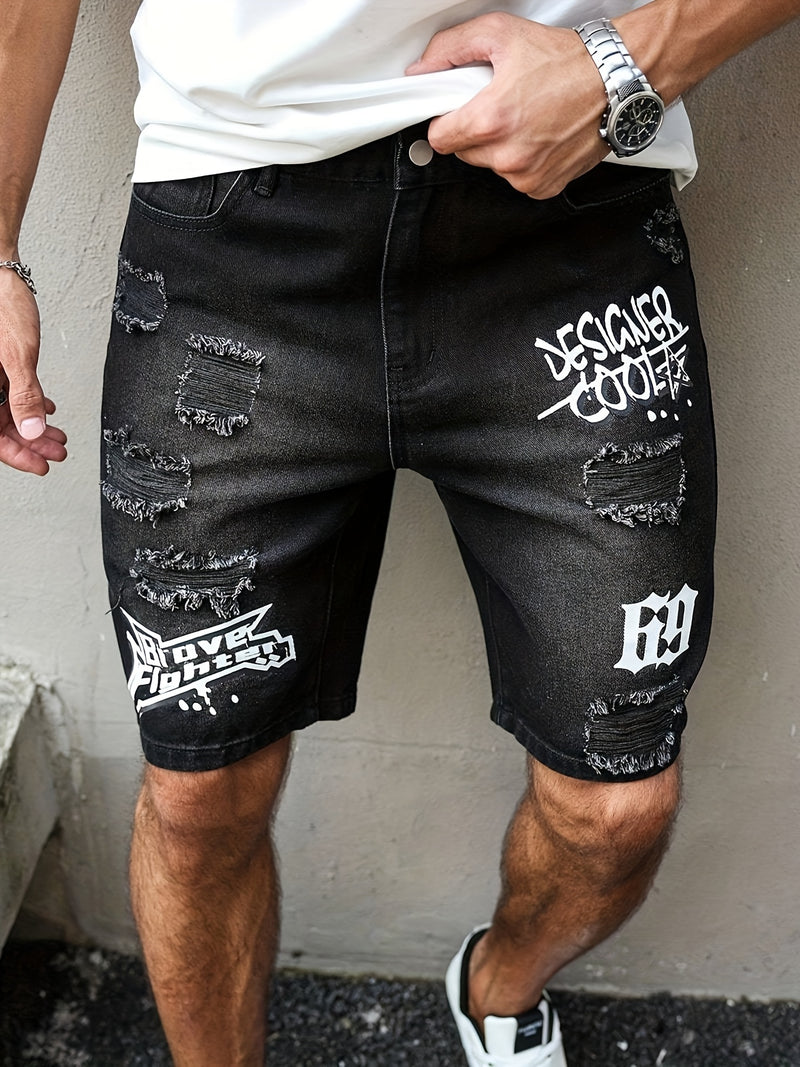 Men'S Casual Distressed Denim Shorts with "DESIGNER COOL" Print - Black & Gray.