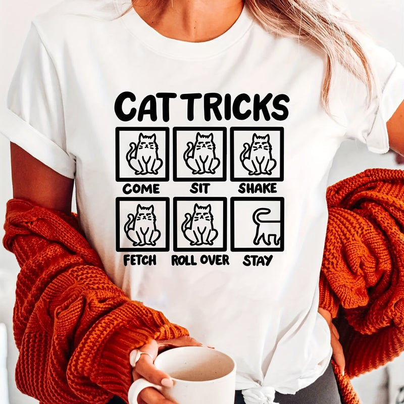 Women’s Clothing Cat Tricks Print Crew Neck T-shirt.