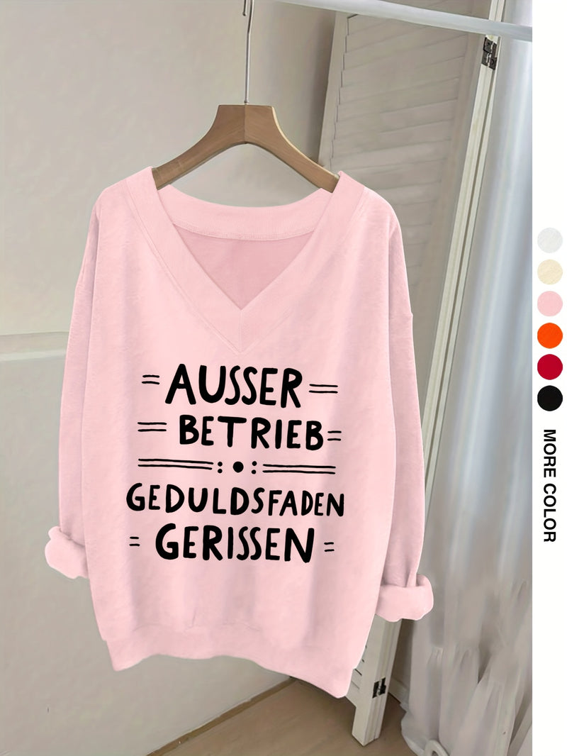 Women's Pink V-Neck Long Sleeve Sweater with German Letter Print.