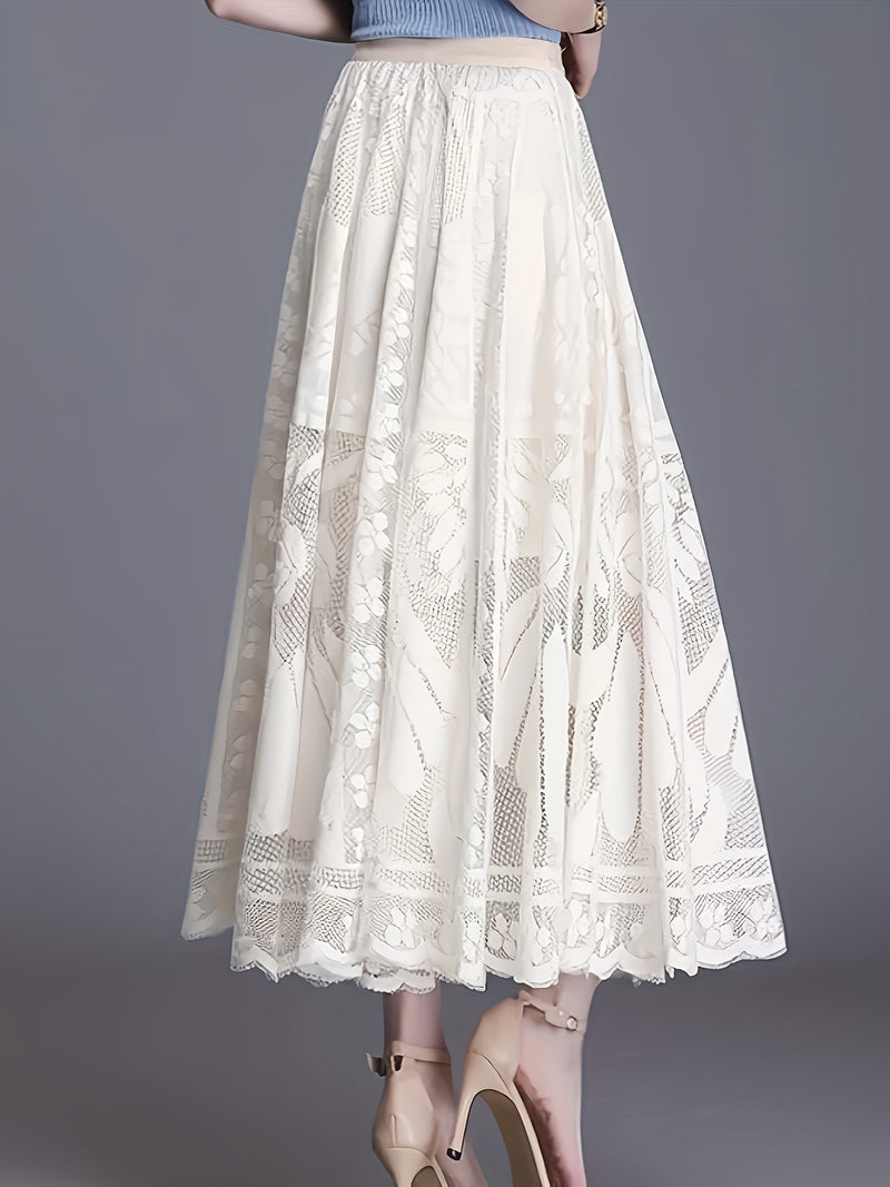 Elegant Women's A-Line Lace Skirt - Long Pleated Design.