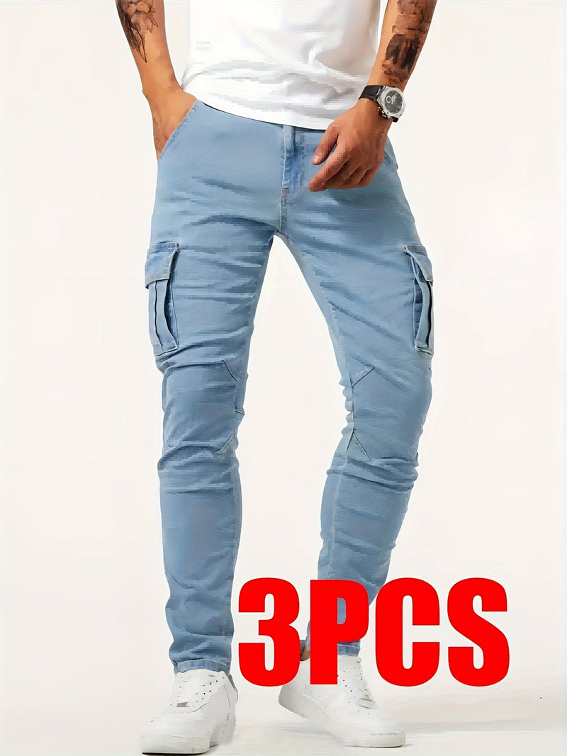 Men's Casual Multi-Pocket Stretchy Denim Pants Set of Three.