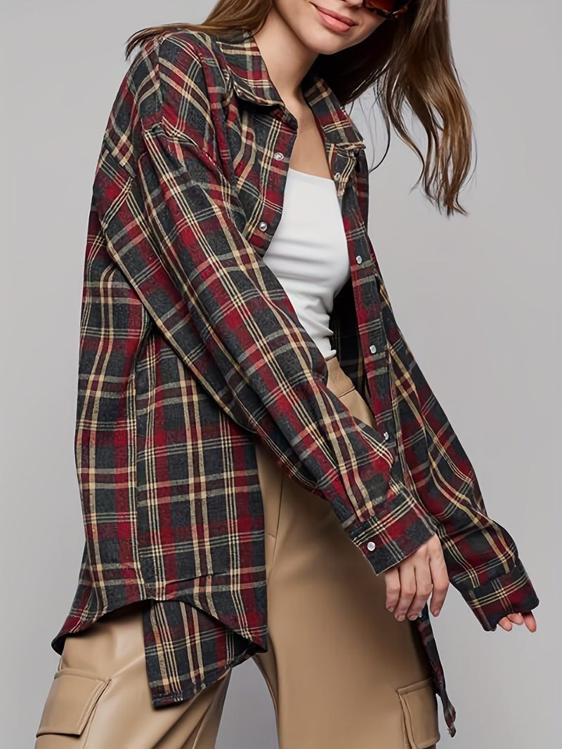 Spring Plaid Long-sleeve Pocket Women's Blouse.
