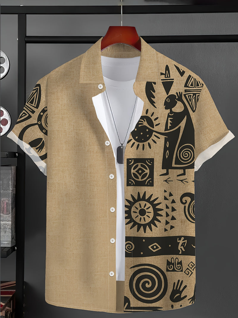 Men's Big & Tall Light Khaki Short-Sleeve Shirt with Black Ethnic Tribal Print.