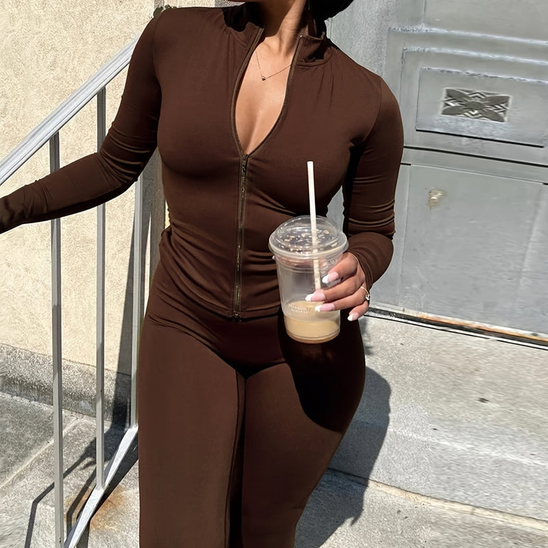 Women's Two-Piece Zippered Top Set, Ladies' Fashion Suit.