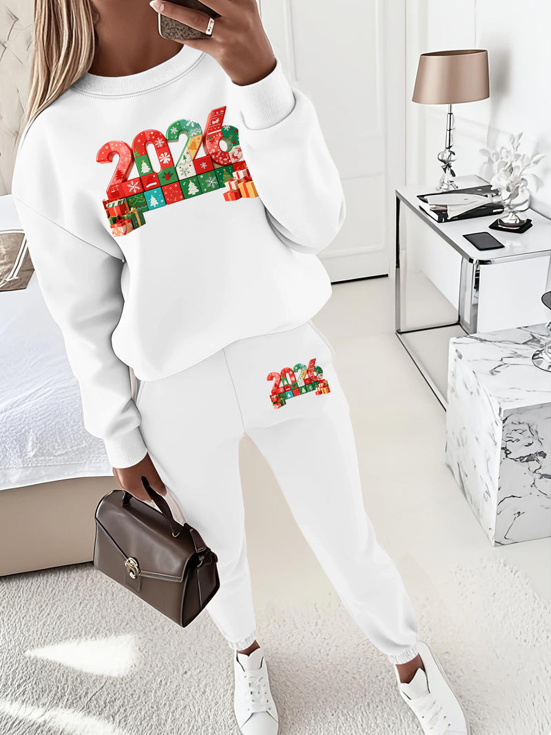 Women's Pullover Round Neck Sweatshirt And Tapered Pants Two-Piece Set.