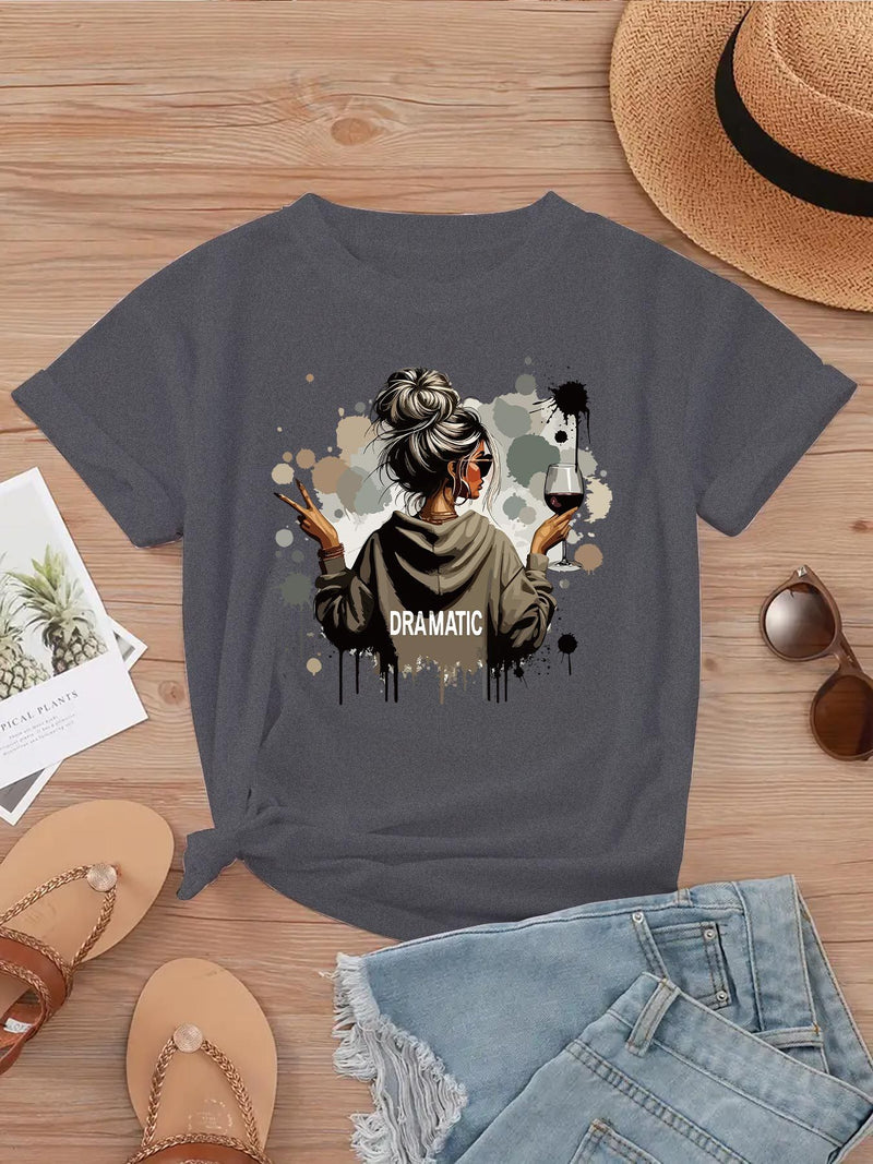 A Women's Stylish Printed Short-Sleeve T-Shirt with a Round Neck.