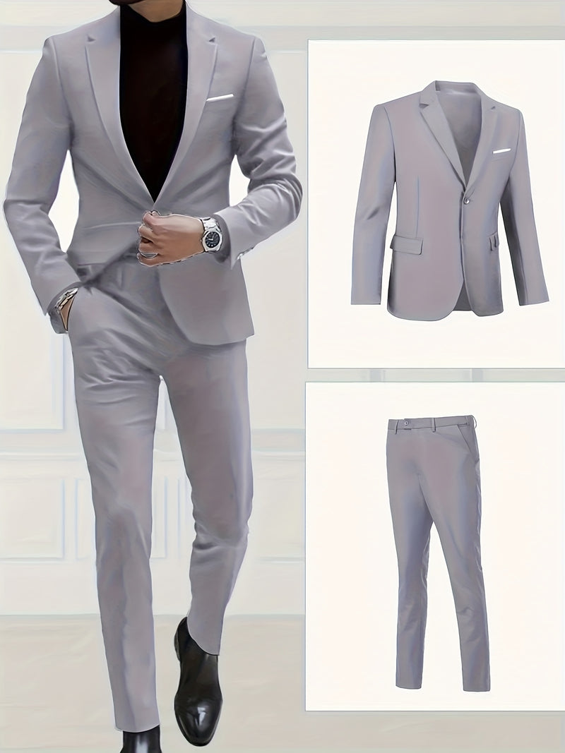 Men's 2pcs Suit Set: Jacket and Trousers, Single-Breasted with Two Buttons.