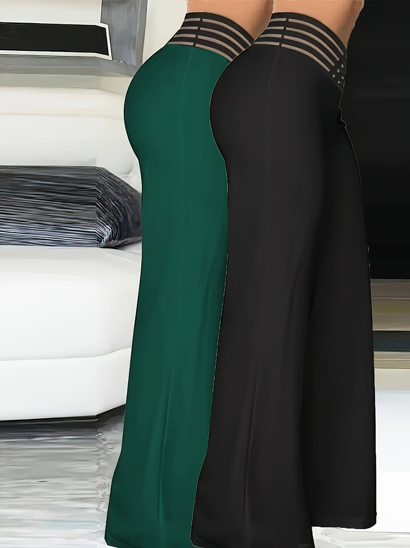 2pcs Women’s Fashion Solid Color Cross Transparent Mesh Patch High-Waisted Pants.