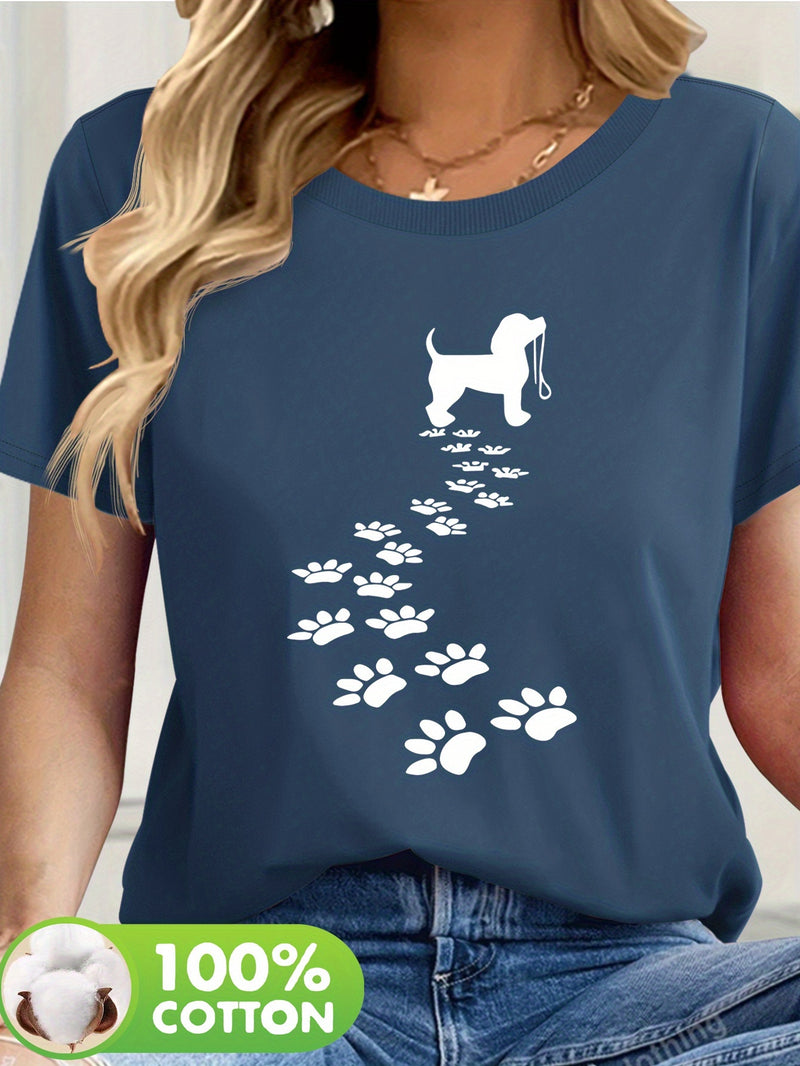 Women's Casual Short Sleeve T-Shirt with Dog Silhouette & Paw Print Graphic.