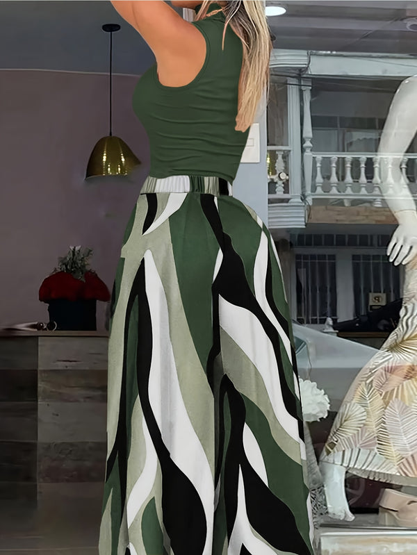 Women's Casual Vacation Style Half-High Neck Top and Wave Pattern Wide-Leg Pants.