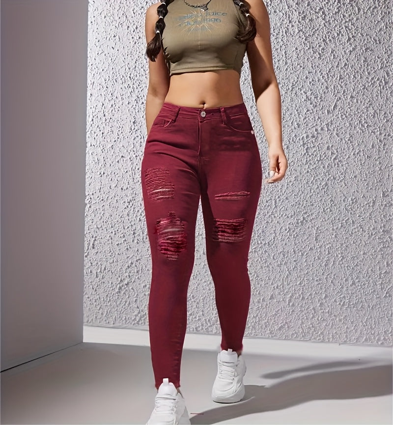 Women's Ripped Skinny Pants, Elastic Slim-fit.