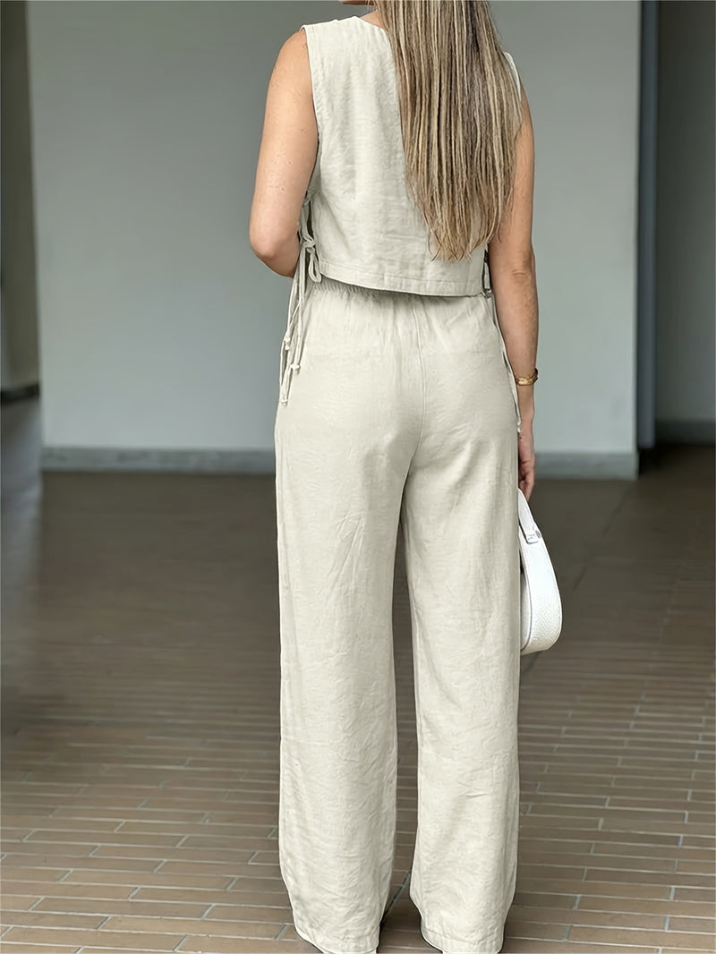 Women’s Elegant Solid Color Set with Side Lace-up Details.